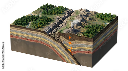 Cross section of Earth showing tectonic plates and volcanic activity isolated