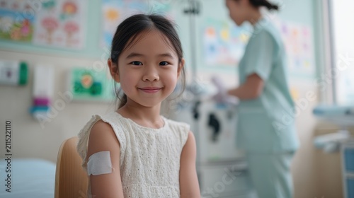 Calm pediatric vaccination scene: young girl with protective bandage on arm in a child-friendly clinic