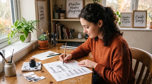Young woman practicing elegant calligraphy with ink and pen at her desk