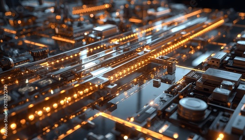 Abstract digital circuitry featuring glowing orange light pathways across intricate metallic industrial hardware components with mechanical surface