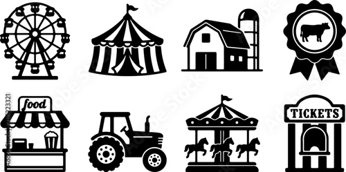 Collection of black and white vector icons representing elements of a fair or carnival, including a Ferris wheel, tent, barn, tractor, carousel, and food stall