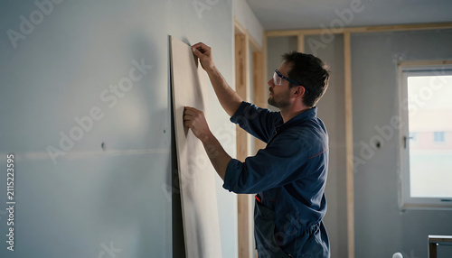 A man in safety glasses and work clothes is attaching a piece of drywall to a wall.