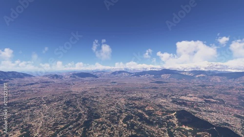 Aerial drone shot of the snow Circular aerial view of Kathmandu. Nepal