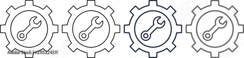 Illustrative graphic icons featuring a spanner tool inside a gear wheel representing mechanical engineering and industrial services presented in a row with varied line styles and outlines