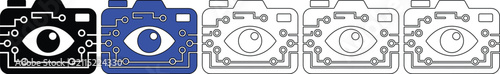 Set of stylized camera icons each featuring an abstract eye symbol integrated with electronic circuit board patterns for modern technology and surveillance concepts