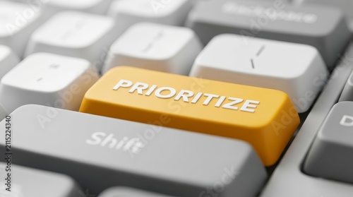 A bright yellow keyboard button with the text PRIORITIZE stands out among white and grey keys.