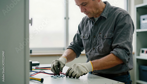 A man wearing white gloves and a gray shirt intently works with small electronic components and wires on a white workbench.