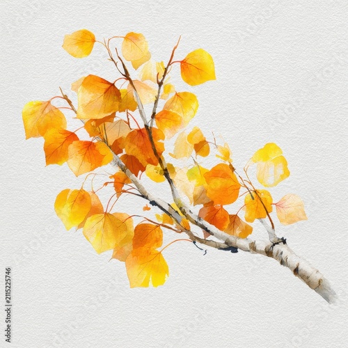 Watercolor illustration of a bright autumn aspen branch on a white background