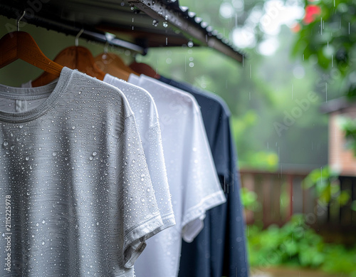 row of t shirts on wooden hangers getting sprayed with water droplets while hanging outdoors under a tin roof during rain