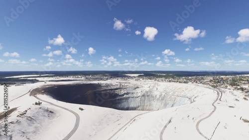 Aerial view of the snow at Kimberlitovaya Trubka Mir diamond mine in Mirny. Sakha Republic. Russia