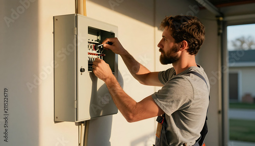 A man with a beard and tool belt works on an electrical panel mounted on an exterior wall, illuminated by sunlight.