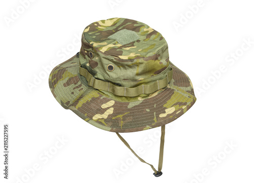 Military style boonie hat isolated on white for outdoor, tactical, survival, and apparel concepts.