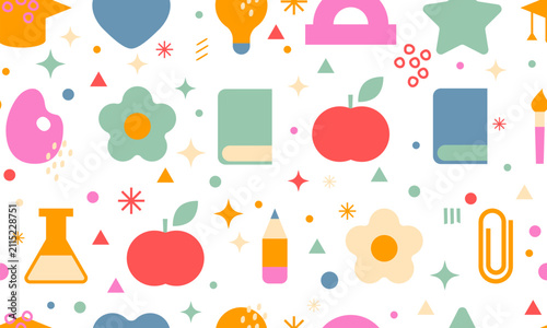 Seamless pattern with School elements. Vector flat illustration. Back to school. Background with different school supplies. First day of school