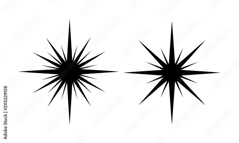 Fototapeta premium Black starburst icon pair with sharp radial rays, bold geometric points, and dramatic sparkle forms, starbursts, stars, rays,