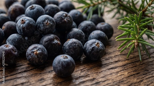 Fresh juniper berries scattered on a rustic wooden surface with pine needles