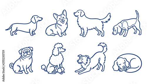 Set of eight hand drawn dog breeds isolated on white background with illustration collection domestic monochrome isolated background