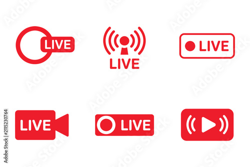 Broadcast live streaming icon featuring social media symbols, recording elements, internet interface graphics, video communication, digital media, and vector illustration.
