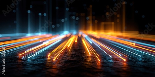 Dynamic light streaks converging toward a bright future