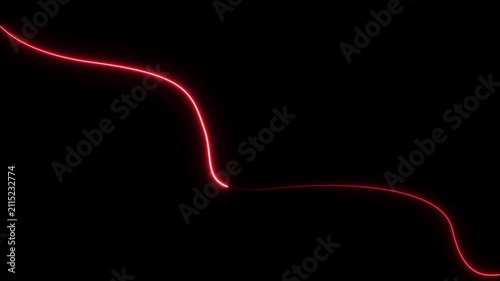 Minimalist red neon glowing wave line abstract motion background, on black