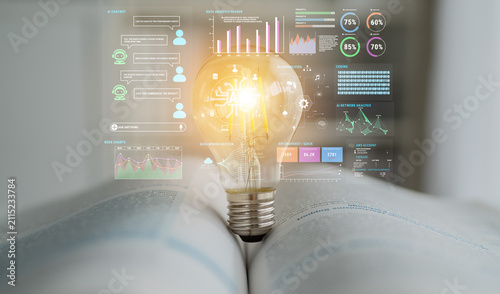 Konstfotografi Enlightening Ideas and Innovation Concept with Light Bulb Over Open Book Surrounded by Graphs and Data Visualizations for Business Growth Fluxor
