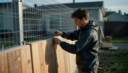 A young man wearing a dark jacket and gloves carefully attaches a metal wire to a wooden fence panel with precision.