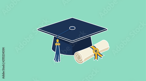 Isometric Illustration of Academic Graduation Cap and Rolled Diploma for Education Achievement