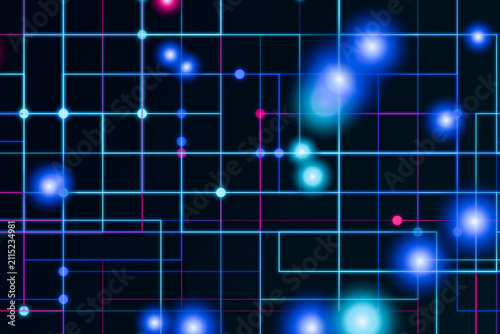 Colorful digital grid with glowing dots and lines at night