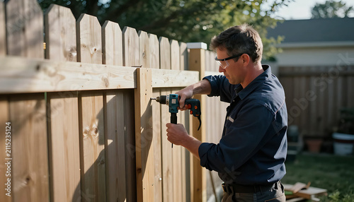 A man wearing safety glasses and gloves uses a power drill to fasten a screw into a wooden fence post on a sunny day.