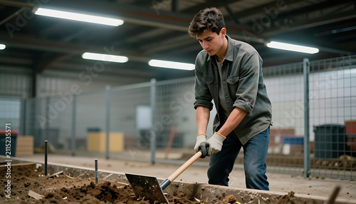 A young man wearing gloves and a casual jacket uses a shovel to turn over soil in a large, indoor industrial-style space.