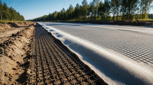 Road construction site shows ground preparation for highway surface. Workers install white geotextile fabric layer over black plastic geogrid mesh on sandy soil bed. Industrial process involves