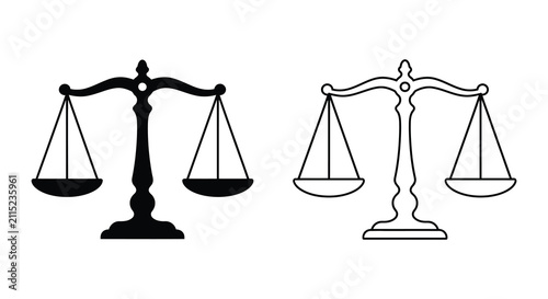 Fotografie Set of two scales of justice icons in solid black and outline style for legal co