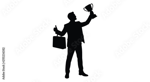 Silhouette of a successful businessman holding a trophy and a briefcase isolated on a white background