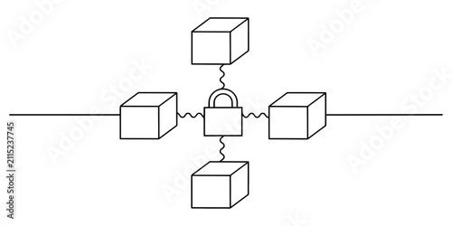 Fotografie Simple line drawing of four cubes connected to a central padlock representing bl