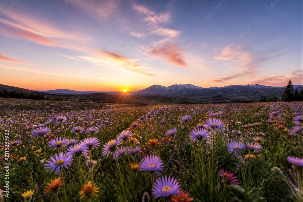 Obraz premium Field of purple wildflowers at sunrise with distant mountains