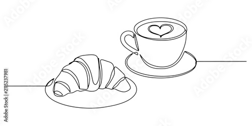 Croissant and coffee cup illustration with hand drawn croissant breakfast, Croissant resting on a small plate next to a cup of coffee in a breakfast scene, minimalist elegant black line art Hand-drawn
