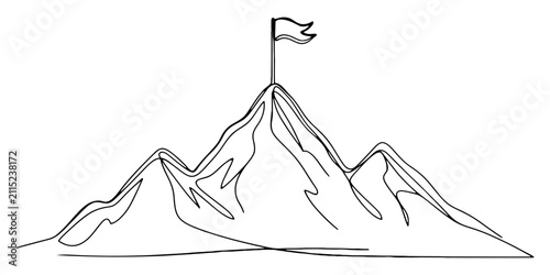 continuous one line drawing of a mountain peak with a flag achievement concept vector design, continuous one line drawing of a mountain peak with a flag achievement concept vector design, mountain 