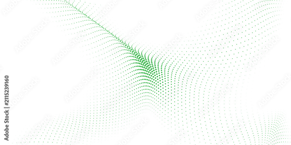 Obraz premium Green halftone dotted wave abstract technology background with smooth geometric perspective