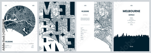 Set of travel posters design with street plan Melbourne, is the capital city of the Australian, Victoria, Silhouette city skyline, vector artwork, Monochrome printable detailed urban city map