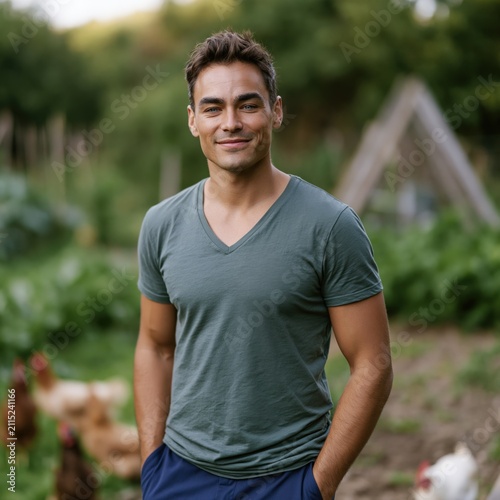 Young man on a small farm with chickens portrait for farm lifestyle background and banner design