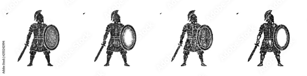 Fototapeta premium Sketch monochrome armored infantry icon design set