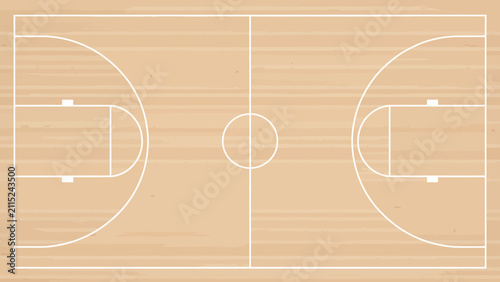 Top down view of a professional basketball court layout with polished wooden floor texture and white lines for sports game concept