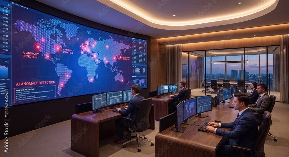 Fototapeta premium Modern Control Room with Global Data Visualization