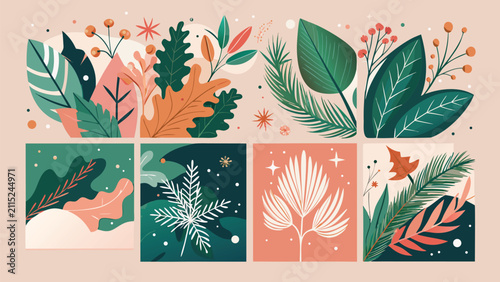 Merry Christmas Greeting Card Set with Holly Berries, Botanical Leaves, Xmas Minimal design of banner, poster, cover templates, Flat Vector Illustration