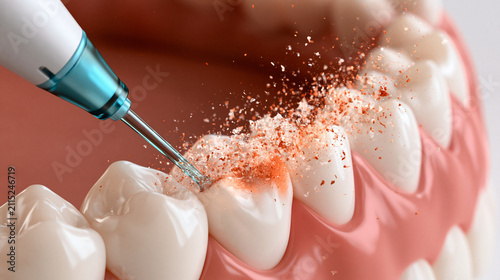 Photography Dental scaler removing plaque from teeth in a close-up clinical procedure
