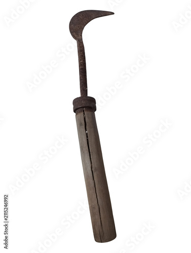 Foto Old rusty sickle tool with wooden handle