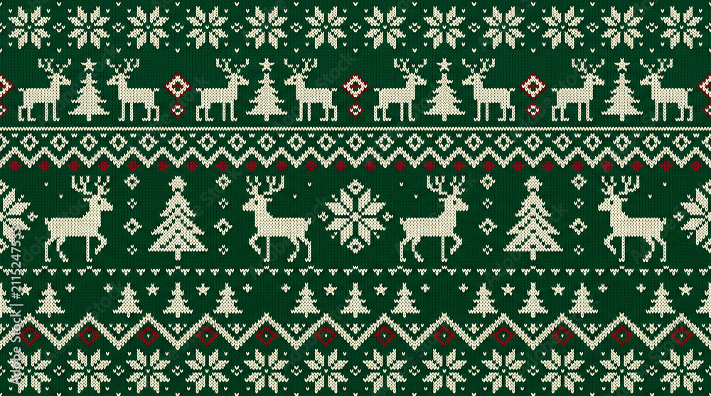 Seamless knitted pattern with deer, Christmas trees, and snowflakes on a green background