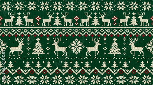 Seamless knitted pattern with deer, Christmas trees, and snowflakes on a green background