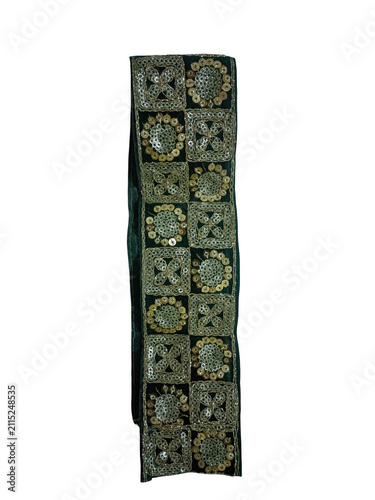 Decorative dark green fabric border with gold floral patterns