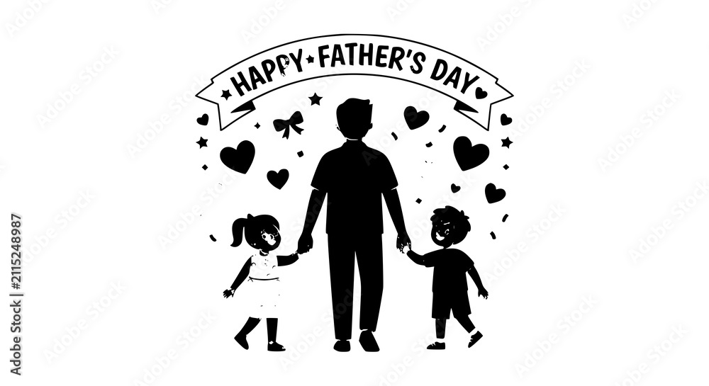 Obraz premium Happy Father's Day Family Flat Vector Illustration with Dad Holding Daughter and Son Hands Greeting Card