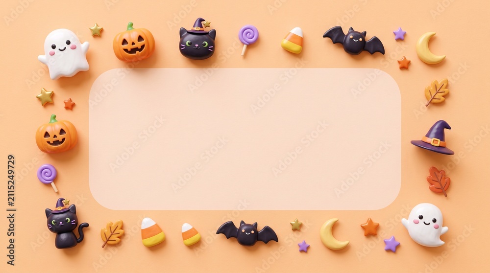 Fototapeta premium Cute 3D Halloween Border Frame with Pumpkin Ghost Bat and Copy Space